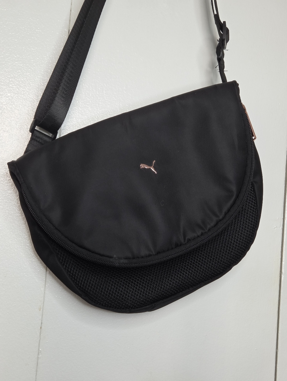 Puma Black Crossbody Bag with Rose Gold Details Fold-Over Pocket Design